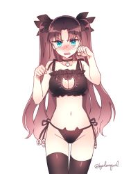 Rule 34 | 1girl, bell, black bra, black panties, black thighhighs, blue eyes, blush, bra, breasts, brown hair, byulrorqual, cat cutout, cat ear panties, cat lingerie, choker, cleavage, cleavage cutout, clothing cutout, embarrassed, fate/stay night, fate (series), frilled bra, frills, groin, jingle bell, long hair, medium breasts, meme attire, navel, neck bell, open mouth, panties, paw pose, shiny clothes, side-tie panties, simple background, skindentation, solo, thighhighs, tohsaka rin, twintails, twitter username, two side up, underwear, underwear only, white background