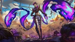 Rule 34 | 2girls, 5boys, belt, black pants, blonde hair, boots, breasts, brown jacket, claws, cleavage, day, evelynn (league of legends), highres, house, jacket, knee boots, large breasts, league of legends, multiple boys, multiple girls, navel, official art, outdoors, pants, pink headwear, short hair, smile, solo focus, soul fighter evelynn, standing, white pants