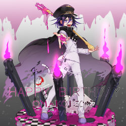 Rule 34 | 1boy, absurdres, black cape, black hair, black hat, cake, candle, candlelight, cape, character name, checkered clothes, checkered scarf, commentary request, copyright name, cream, danganronpa (series), danganronpa v3: killing harmony, dated, fang, food, foreshortening, fork, from behind, full body, hair between eyes, happy birthday, hat, highres, holding, holding fork, jacket, long sleeves, looking at viewer, male focus, nanin, oma kokichi, open mouth, oversized object, pants, purple eyes, purple hair, scarf, short hair, smile, solo, standing, straitjacket, teeth, upper teeth only, white jacket, white pants
