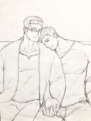 Rule 34 | 2boys, bara, bulge, closed mouth, couple, feet out of frame, fle0423, glasses, greyscale, head on another&#039;s shoulder, holding hands, interlocked fingers, large pectorals, leaning on person, light smile, male focus, protagonist 3 (housamo), monochrome, multiple boys, muscular, muscular male, pectorals, motoori shiro, short hair, sideburns, sitting, sketch, tokyo houkago summoners, traditional media, v-neck, yaoi