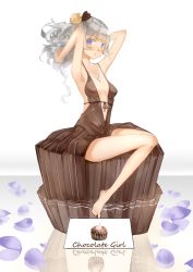 Rule 34 | 1girl, absurdres, armpits, arms up, barefoot, blonde hair, blush, candy, center opening, chocolate, chocolate heart, collarbone, dress, food, hair ornament, heart, highres, jewelry, looking at viewer, necklace, original, petals, purple eyes, saberiii, silver hair, sitting, solo