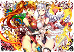 Rule 34 | 2girls, blush, braid, breast press, china dress, chinese clothes, dress, earrings, elbow gloves, fire, gloves, green eyes, jewelry, leilan (p&amp;d), leiran (p&amp;d), light valkyrie (p&amp;d), long hair, multiple girls, puzzle &amp; dragons, red eyes, red hair, side ponytail, silver hair, sword, symmetrical docking, valkyrie (p&amp;d), weapon, wings, yuu (asaiyuji)
