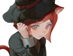 Rule 34 | 1girl, :o, animal ears, black hat, black jacket, brown eyes, cat ears, cat tail, danganronpa (series), danganronpa v3: killing harmony, gem, hand up, hat, jacket, long sleeves, looking at viewer, open clothes, open jacket, red hair, shiromo ooo, short hair, simple background, solo, tail, white background, witch hat, yumeno himiko