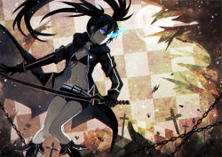 Rule 34 | 10s, 1girl, bad id, bad pixiv id, belt, bikini, bikini top only, bikini under clothes, black bikini, black footwear, black gloves, black hair, black rock shooter, black rock shooter (character), black shorts, black sweater, blue eyes, boots, cardigan, checkered background, collar, flaming eyes, front-tie bikini top, front-tie top, gloves, grave, holding, holding sword, holding weapon, knee boots, long hair, majiang, moon, navel, open cardigan, open clothes, scar, short shorts, shorts, solo, sweater, swimsuit, sword, twintails, weapon