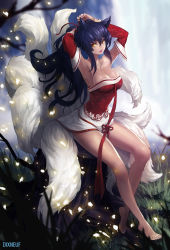 Rule 34 | 1girl, ahri (league of legends), alternate hairstyle, animal ears, armpits, arms up, artist name, bare shoulders, barefoot, black hair, blurry, breasts, collarbone, depth of field, detached sleeves, dixneuf, fox ears, fox tail, full body, korean clothes, league of legends, long hair, looking at viewer, multiple tails, parted lips, ponytail, sitting, smile, solo, tail, tree, tree stump, yellow eyes