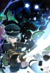 Rule 34 | 10s, 1672, 1boy, anime coloring, bad id, bad pixiv id, cape, enemy ootachi, glowing, glowing eyes, green eyes, hat, historical revisionist, hotarumaru, male focus, ootachi, personification, shorts, silver hair, solo, sweat, sword, touken ranbu, weapon
