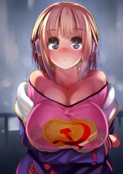 Rule 34 | 1girl, aqua eyes, bare shoulders, blonde hair, blush, breast hold, breasts, crossed arms, gen (black factory), hair ornament, hammer and sickle, highres, huge breasts, lactation, lactation through clothes, large breasts, looking at viewer, md5 mismatch, off shoulder, open mouth, original, resized, short hair, solo, surprised