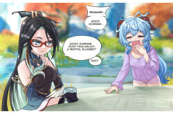 Rule 34 | 2girls, ahoge, bare shoulders, black gloves, black hair, blue hair, blurry, blurry background, breasts, cloud retainer (genshin impact), colored inner hair, commentary, cup, detached sleeves, english commentary, ganyu (genshin impact), genshin impact, glasses, gloves, green hair, highres, holding, holding cup, humanization, long hair, long sleeves, luizhtx, medium breasts, messy hair, multicolored hair, multiple girls, one eye closed, outdoors, purple eyes, purple shirt, red-framed eyewear, shirt, speech bubble, very long hair, xianyun (genshin impact), yawning
