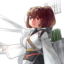 Rule 34 | 1girl, brown eyes, brown hair, commentary request, flight deck, hair ribbon, highres, ise (kancolle), ise kai ni (kancolle), japanese clothes, kantai collection, nontraditional miko, ponytail, ribbon, seshiya, short hair, smile, solo, turret, undershirt, white background