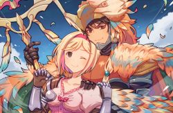 Rule 34 | 10s, 1boy, 1girl, ;), animal costume, armor, artist name, aytsmith, bad id, bad pixiv id, blonde hair, breastplate, brown eyes, brown hair, collarbone, djeeta (granblue fantasy), feathered wings, feathers, fighter (granblue fantasy), gauntlets, granblue fantasy, hair between eyes, hairband, hand on another&#039;s shoulder, helmet, holding, holding weapon, nezahualpilli, one eye closed, petals, polearm, short hair, shoulder pads, smile, upper body, weapon, white wings, wings