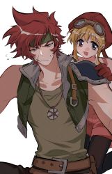 Rule 34 | 1boy, 1girl, :d, agate crosner, belt, belt buckle, blonde hair, blush, buckle, closed mouth, collarbone, eiyuu densetsu, falcom, flying sweatdrops, gloves, goggles, goggles on head, hat, headband, highres, jewelry, muscular, necklace, open mouth, red hair, scar, scar on face, shirt, sidelocks, simple background, sleeveless, smile, sora no kiseki, sweatdrop, tita russell, towtow redoland, v-shaped eyebrows, white background