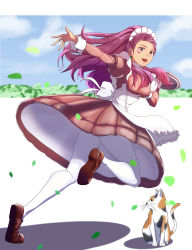 Rule 34 | 1girl, :d, absurdres, alternate costume, apron, back bow, bow, brown eyes, brown skirt, cat, earrings, enmaided, facial mark, fire emblem, fire emblem: three houses, floating hair, full body, highres, jewelry, layered sleeves, leg up, loafers, long hair, long sleeves, looking at viewer, maid, nintendo, open mouth, outstretched arm, pantyhose, petra macneary, pink hair, pink shirt, pleated skirt, running, shirt, shoes, short over long sleeves, short sleeves, skirt, smile, solo, sukkirito (rangusan), very long hair, white apron, white bow, white pantyhose