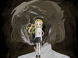 Rule 34 | 2girls, abstract background, arms at sides, black footwear, black headband, black skirt, blonde hair, blood, bottle, broken bottle, broken glass, constricted pupils, distortion, eme 4e, empty eyes, facing viewer, floating hair, glass, glass bottle, headband, highres, holding, holding bottle, kirarazaka marina, long hair, long sleeves, looking at viewer, multiple girls, o o, open mouth, pleated skirt, raised eyebrows, shirt, shoes, skirt, socks, standing, straight-on, sweat, takopii no genzai, triangle mouth, white shirt, white socks, wide-eyed, wide shot, yellow eyes