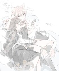 Rule 34 | 1girl, 1other, akiyama mizuki, androgynous, animal ears, black bag, black socks, brown hair, cat ears, cat girl, cat tail, closed eyes, closed mouth, commentary, hair down, hand on another&#039;s head, holding, holding phone, kaesmedubu, kneehighs, korean text, long hair, phone, pink eyes, project sekai, shinonome ena, sleeping, socks, symbol-only commentary, tail, translation request