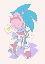 Rule 34 | !?, 1boy, 1girl, amy rose, animal ears, aoki (fumomo), arms at sides, blue fur, blue hair, body fur, boots, closed eyes, dress, from behind, full body, furry, furry female, furry male, furry with furry, gloves, hairband, hetero, hug, kiss, knee boots, leg up, long hair, pink background, pink fur, pink hair, red dress, red footwear, red hairband, shoes, short dress, short hair, simple background, socks, sonic (series), sonic the hedgehog, speech bubble, spiked hair, spoken interrobang, standing, surprised, tail, white gloves, white socks