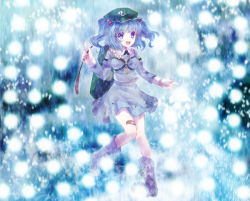 Rule 34 | 1girl, backpack, bag, bandaid, blue eyes, blue hair, boots, bow, cattail, danmaku, full body, hair bobbles, hair ornament, hat, kawashiro nitori, key, long sleeves, looking at viewer, matching hair/eyes, neme, open mouth, plant, rubber boots, shirt, skirt, skirt set, smile, solo, touhou, twintails, two side up, vest, water, waterfall
