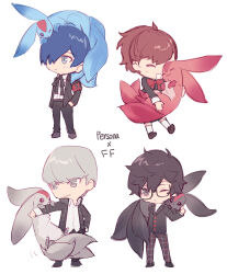Rule 34 | 1girl, 3boys, ^ ^, absurdres, affectionate, amamiya ren, animal, animal hug, animal on arm, animal on head, animal on shoulder, black footwear, black hair, black jacket, black pants, blue hair, blush, bow, bowtie, carbuncle (final fantasy), chibi, climbing, closed eyes, collared shirt, color coordination, crossover, final fantasy, grey eyes, grey hair, hair over one eye, hand up, happy, highres, in-franchise crossover, jacket, long sleeves, looking at animal, looking at viewer, multiple boys, narukami yuu, on head, one eye closed, one eye covered, open mouth, pants, persona, persona 3, persona 4, persona 5, plaid, plaid pants, ponytail, red bow, red bowtie, red hair, school uniform, shiomi kotone, shirt, shoes, short hair, simple background, smile, socks, tsubsa syaoin, white background, white shirt, white socks, yuuki makoto (persona 3)