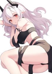Rule 34 | 1girl, arknights, arm up, ass, bare shoulders, black panties, commentary request, curled horns, eyebrows hidden by hair, feet out of frame, grey hair, hand up, highres, horns, long hair, looking at viewer, lying, mizu (lzzrwi603), mudrock (arknights), on side, panties, parted lips, pointy ears, red eyes, see-through, simple background, solo, underbust, underwear, white background