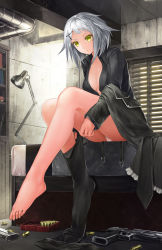 Rule 34 | 1girl, ammunition, bad id, bad pixiv id, barefoot, belt, black jacket, black necktie, black shirt, black thighhighs, book, box, breasts, bullet, cabinet, cartridge, cleavage, closed mouth, collared shirt, concrete, desert eagle, desk lamp, dressing, ductwork, feet, frills, frown, full body, gun, hair flaps, hair ornament, hairclip, handgun, highres, indoors, industrial pipe, jacket, lamp, light bulb, long sleeves, looking away, looking down, magazine (weapon), md5 mismatch, medium breasts, necktie, no bra, no pants, no shoes, off shoulder, on bed, open clothes, open shirt, original, panties, pantyshot, pistol, reflection, revision, shelf, shirt, short hair, silver hair, sitting, solo, solru, thighhigh dangle, thighhighs, thighhighs pull, tiptoes, toenails, underwear, weapon, white panties, window, window blinds, window shutter, x hair ornament, yellow eyes