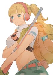 1girl backpack bag blonde_hair blue_eyes blunt_bangs crop_top cropped_jacket furrowed_brow gloves green_gloves gun hand_on_weapon hand_up headphones hibari_(one_piece) high_collar highres holding holding_gun holding_weapon jacket light_frown long_hair nekoneru09 nervous one_piece ponytail rifle short_sleeves solo stuffed_animal stuffed_toy sweatdrop upper_body weapon white_jacket zipper_pull_tab