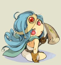 Rule 34 | 1girl, blue hair, cape, chibi, circlet, dragon quest, dragon quest iii, dress, full body, gloves, long hair, looking at viewer, mota, open mouth, red eyes, sage (dq3), simple background, solo, square enix, staff