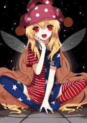 Rule 34 | 1girl, alternate legwear, american flag dress, american flag legwear, black background, blonde hair, clownpiece, dress, fairy wings, hand on own cheek, hand on own face, hat, highres, indian style, jester cap, long hair, looking at viewer, neck ruff, polka dot, red eyes, sh (shinh), short dress, short sleeves, sitting, smile, solo, spread legs, star (symbol), star print, striped clothes, striped thighhighs, thighhighs, touhou, very long hair, wings, zettai ryouiki