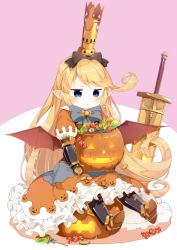 Rule 34 | &gt;:t, 10s, 1girl, :t, adapted costume, armor, armored boots, bat wings, blonde hair, blue eyes, blush, boots, bow, bowtie, candy, charlotta (granblue fantasy), chocolate, cookie, crown, dress, food, full body, gauntlets, granblue fantasy, hair bow, halloween, harvin, harvin, highres, jack-o&#039;-lantern, lollipop, long hair, muku (muku-coffee), orange dress, pointy ears, pout, puffy sleeves, pumpkin, sitting, solo, swirl lollipop, sword, tears, v-shaped eyebrows, very long hair, weapon, wings, wrapped candy