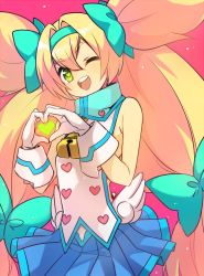 Rule 34 | 1girl, bell, blazblue, blonde hair, blush, bow, flat chest, gloves, green eyes, hair bow, hairband, happy, heart, heart-shaped pupils, heart hands, highres, long hair, low-tied long hair, one eye closed, open mouth, platinum the trinity, quad tails, ribbon, skirt, smile, solo, symbol-shaped pupils, tusia, two side up, very long hair