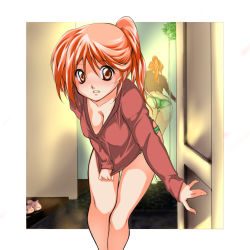 Rule 34 | 1girl, alric, ass, bad id, bad pixiv id, blush, breasts, cleavage, large breasts, long hair, mirror, original, panties, red eyes, red hair, solo, striped clothes, striped panties, underwear