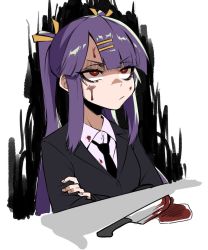 Rule 34 | 1girl, black jacket, black necktie, blood, blood on face, blood splatter, blythe (hcnone), borrowed character, closed mouth, collared shirt, crossed arms, hair ornament, hairclip, j.k., jacket, jitome, knife, necktie, original, purple hair, red eyes, shaded face, shirt, solo, twintails, white shirt, wing collar