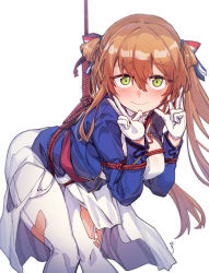Rule 34 | 1girl, aningay, bdsm, blush, bondage, bound, breasts, brown hair, colorized, double v, girls&#039; frontline, gloves, green eyes, hair ribbon, korean commentary, large breasts, leaning forward, long hair, looking at viewer, medium breasts, pantyhose, red rope, ribbon, rope, skirt, smile, solo, springfield (girls&#039; frontline), standing, torn clothes, torn legwear, torn pantyhose, torn skirt, v, white background, white gloves, white pantyhose