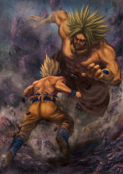 Rule 34 | 2boys, battle, blonde hair, broly (dragon ball z), clenched teeth, debris, dragon ball, dragonball z, grin, legendary super saiyan, long hair, male focus, manly, multiple boys, muscular, topless male, size difference, smile, son goku, spiked hair, super saiyan, super saiyan 1, teeth, torn clothes, water, yama moto