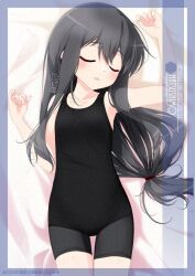 Rule 34 | 1girl, alternate costume, artist name, black hair, black one-piece swimsuit, character name, closed eyes, commentary request, cowboy shot, flat chest, hatsushimo (kancolle), highres, inaba shiki, kantai collection, long hair, low-tied long hair, lying, new school swimsuit, one-piece swimsuit, school swimsuit, smile, solo, swimsuit, swimsuit over clothes