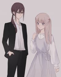 Rule 34 | 2girls, bad id, bad twitter id, black jacket, black pants, brown eyes, brown hair, closed mouth, collared shirt, commentary request, dress, dress shirt, formal, grey background, grey dress, grey nails, hair between eyes, hair over shoulder, hand in pocket, highres, jacket, long hair, long sleeves, low ponytail, multiple girls, nail polish, open clothes, open jacket, original, pant suit, pants, ponytail, puffy long sleeves, puffy sleeves, shirt, simple background, sleeveless, sleeveless dress, smile, suit, tsuruse, two side up, white shirt
