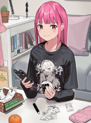 Rule 34 | 1girl, absurdres, black nails, bookshelf, cactus, closed mouth, couch, food, fruit, hair down, highres, hinamizawa hinami (tetto), holding, holding phone, indoors, jirai kei, long hair, orange (fruit), original, pen, phone, pink eyes, pink hair, plant, potted plant, receipt, shirt, solo, tetto (onnoveltet), upper body
