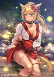 Rule 34 | 1girl, animal ears, aqua eyes, aruma jiki, warrior of light (ff14), blonde hair, blurry, blurry background, blush, breasts, cat ears, cat tail, choker, cleavage, clothes lift, collarbone, dress, dress lift, earrings, facial mark, final fantasy, final fantasy xiv, flower, groin, hair flower, hair ornament, jewelry, large breasts, long hair, long sleeves, looking at viewer, miqo&#039;te, mole, mole under eye, night, no panties, open mouth, slit pupils, soaking feet, solo, tail, thigh strap, wet, wide sleeves