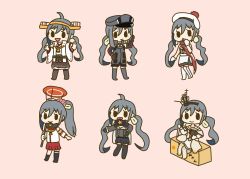 Rule 34 | 1girl, :d, absurdres, ahoge, beret, bismarck (kancolle), bismarck (kancolle) (cosplay), black gloves, black thighhighs, box, brown gloves, brown hair, brown skirt, cardboard box, cherry blossoms, chibi, cosplay, crown, detached sleeves, dress, fingerless gloves, flower, gloves, grey footwear, grey hair, hair between eyes, hat, headgear, highres, holding, holding umbrella, kantai collection, kiyoshimo (kancolle), kongou (kancolle), kongou (kancolle) (cosplay), long hair, long sleeves, looking at viewer, low twintails, mini crown, mole, mole under eye, mole under mouth, multiple views, musashi (kancolle), musashi (kancolle) (cosplay), musashi kai ni (kancolle), nontraditional miko, off-shoulder dress, off shoulder, oil-paper umbrella, open mouth, peaked cap, pink background, pom pom (clothes), ponytail, red flower, red rose, red skirt, ribbon-trimmed sleeves, ribbon trim, richelieu (kancolle), richelieu (kancolle) (cosplay), rose, scarf, simple background, single thighhigh, sitting, skirt, smile, supertron6251, thighhighs, twintails, umbrella, very long hair, warspite (kancolle), warspite (kancolle) (cosplay), white dress, white gloves, wide sleeves, yamato (kancolle), yamato (kancolle) (cosplay)