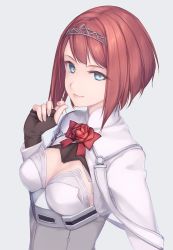 Rule 34 | 10s, 1girl, ark royal (kancolle), blue eyes, bob cut, bow, breasts, brown gloves, cleavage, cleavage cutout, clothing cutout, corset, dated, fingerless gloves, gloves, grey background, jacket, kantai collection, lips, looking at viewer, red hair, rokuwata tomoe, short hair, simple background, small breasts, smile, solo, tiara, white corset, white jacket