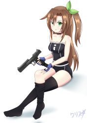 Rule 34 | 1girl, absurdres, bare shoulders, black choker, blue gloves, boppin, bow, breasts, brown hair, choker, collarbone, desert eagle, female focus, fingerless gloves, full body, gloves, green eyes, gun, hair between eyes, hair bow, hair ornament, hairband, handgun, highres, holding, holding gun, holding weapon, if (neptunia), leaf hair ornament, locked slide, long hair, looking at viewer, magazine (weapon), neptune (series), no shoes, one side up, reloading, shorts, side ponytail, simple background, sitting, solo, strapless, thighhighs, thighs, trigger discipline, tube top, weapon, white background