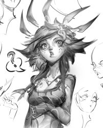 Rule 34 | 1girl, :o, ?, absurdres, bare shoulders, breasts, cleavage, crop top, flower, freckles, greyscale, hair flower, hair ornament, highres, large breasts, league of legends, long hair, looking at viewer, monochrome, neeko (league of legends), open mouth, reagan long, sketch, solo focus, spoken question mark, swept bangs, upper body