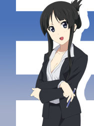 Rule 34 | 1girl, :o, akiyama mio, alternate hairstyle, black eyes, black hair, breasts, business suit, cleavage, crossed arms, face, formal, ikari manatsu, k-on!, long hair, md5 mismatch, aged up, pencil, small breasts, smile, solo, suit