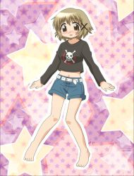 Rule 34 | 1girl, bare legs, belt, black sweater, blue shorts, blush, brown eyes, brown hair, casual, full body, hair ornament, hairclip, hidamari sketch, highres, looking down, midriff, navel, nose blush, outstretched arms, screencap, short hair, shorts, skull and crossbones, skull print, solo, standing, star (symbol), starry background, stitched, sweater, third-party edit, white belt, yuno (hidamari sketch)