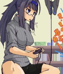 Rule 34 | 1girl, bike shorts, food, game console, glasses, lowres, oekaki, playing games, playstation 2, pocky, sleeves rolled up, solo, sweater, video game