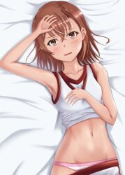 Rule 34 | 1girl, 2020, 20s, absurdres, armpits, bare shoulders, bed sheet, blush, brown eyes, brown hair, clothes lift, clothes pull, collarbone, female focus, gym uniform, hand on forehead, hand on own chest, highres, looking at viewer, lying, matching hair/eyes, midriff, misaka mikoto, navel, on back, open mouth, panties, pink panties, s-lit (rito), shirt lift, short hair, shorts, shorts pull, solo, stomach, striped clothes, striped panties, toaru kagaku no railgun, toaru majutsu no index, tokiwadai school gym uniform, underwear, upper body, wavy mouth