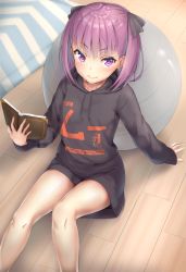 Rule 34 | 1girl, ball, blush, book, casual, closed mouth, exercise ball, fate/grand order, fate (series), hair ribbon, hand up, helena blavatsky (fate), highres, holding, holding book, hood, hooded sweater, hoodie, indoors, long sleeves, looking at viewer, open book, purple eyes, purple hair, reinama, ribbon, short hair, sidelocks, sitting, sleeves past wrists, smile, solo, sweater, thighs
