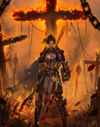 Rule 34 | 1girl, absurdres, armor, axe, battle axe, belt, blood, blood on clothes, blue eyes, branch, brown hair, burning, chainmail, chain, closed mouth, cross, female priest (dungeon and fighter), flaming weapon, flask, highres, holding, holding axe, holding weapon, inquisitor (dungeon and fighter), j jp, knight, looking at viewer, original, pauldrons, ponytail, shoulder armor, signature, skirt, solo, standing, weapon