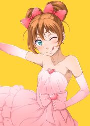 Rule 34 | 1girl, ;q, blue eyes, bow, brown hair, collarbone, dress, elbow gloves, flat chest, gloves, hair bow, houjou hibiki, looking at viewer, one eye closed, outstretched arm, pink dress, pink gloves, precure, red bow, sakura kotetsu, simple background, solo, strapless, strapless dress, suite precure, tongue, tongue out, twintails, wedding dress, yellow background