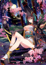Rule 34 | 1girl, absurdly long hair, architecture, armor, asanogawa (tutufcc), black hair, breasts, castle, center opening, cherry blossoms, closed mouth, east asian architecture, full body, full moon, geta, hair between eyes, hair rings, hat, japanese armor, japanese clothes, kimono, large breasts, legs, long hair, looking at viewer, microskirt, moon, night, obi, onmyoji, platform footwear, ripples, sash, short kimono, sitting, skirt, solo, spikes, tabi, very long hair, water, weapon, yaodao ji, yellow eyes