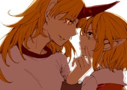 Rule 34 | 2girls, atoki, blonde hair, female focus, grabbing another&#039;s chin, green eyes, hand on another&#039;s chin, horns, hoshiguma yuugi, looking at another, mizuhashi parsee, multiple girls, pointy ears, red eyes, single horn, touhou, yuri