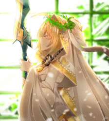 Rule 34 | 10s, 1girl, aestus estus, ahoge, artist name, blurry, blush, bridal veil, chain, closed eyes, depth of field, fate/extra, fate/extra ccc, fate (series), highres, holding, holding sword, holding weapon, iwai minato, lock, long sleeves, nero claudius (bride) (fate), nero claudius (bride) (third ascension) (fate), nero claudius (fate), nero claudius (fate) (all), padlock, profile, signature, smile, solo, sword, upper body, veil, weapon, wreath